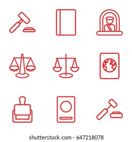 Legal icons set. set of 9 legal outline icons such as airport officer, passport, stamp, auction hummer
