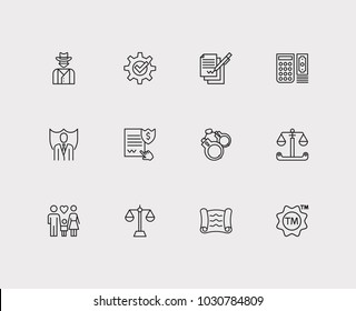 Legal icons set. Lawyer and legal icons with penalty, business and contract. Set of elements including weigh for web app logo UI design.