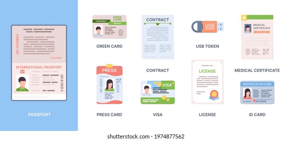 Legal id passport. Personal documents credit or debit cards immigration information stickers personality photo green card garish vector template