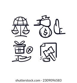 Legal illegal hand drawn icon. Set of doodle law balance, no corruption and bribe, gratification, judge decision verdict. Vector line illustration