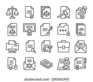 Legal Instrument Icons. Legal Documents Forms And Contracts Line Icon Set. Editable Stroke.