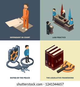 Legal isometric concept. Lawyer judge richter accused justice books hammer and other symbols 3d vector illustrations