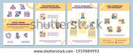 Legal issues of business reopening brochure template. Tax exemption. Flyer, booklet, leaflet print, cover design with linear icons. Vector layouts for presentation, annual reports, advertisement pages