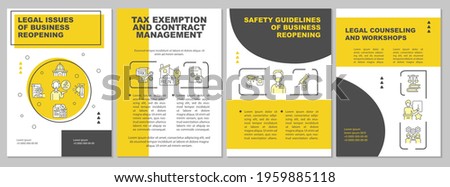 Legal issues of business reopening brochure template. Tax exemption. Flyer, booklet, leaflet print, cover design with linear icons. Vector layouts for presentation, annual reports, advertisement pages