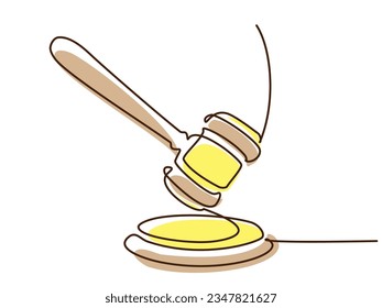 Legal judge gavel. Continuous one line drawing. Vector illustration Colored single line art