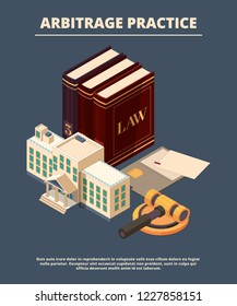 Legal justice concept. Judge law books and hammer prosecution courtroom female femida richter vector symbols isometric