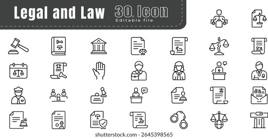 Legal and Justice law Line Icons set and Symbols. icon symbol, law, lawyer, gavel, symbol, legal system, justice - concept, editable stroke, vector, courthouse, rubber stamp, 
