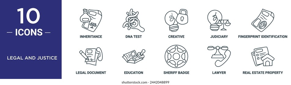 legal and justice outline icon set includes thin line inheritance, dna test, creative, judiciary, fingerprint identification, legal document, education icons for report, presentation, diagram, web