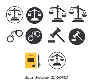 legal justice scale icon, handcuffs icon as well as a notebook