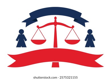  Legal justice scales, gender equality, blue female silhouettes, red balance symbol, navy ribbon banner, minimalist design, symbolic representation, rights and fairness concept, flat graphic style,