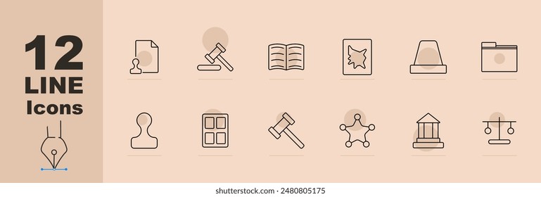 Legal and justice set icons including document, gavel, law book, sheriff badge, police light, courthouse, scales of justice, and legal stamp. Vector line icons on a beige background