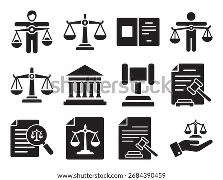 Legal and justice system solid icon set for law and court showing scale gavel book and other symbols for legislation and judicial process vector