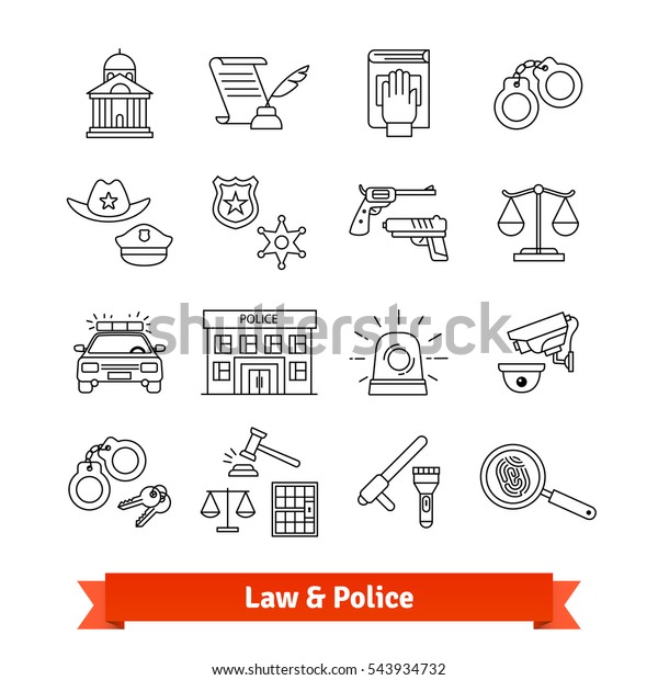 Legal, law, court and\
police icons thin line set. Linear style illustrations isolated on\
white.