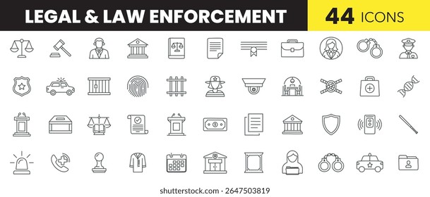 Legal and Law Enforcement Color Icon Set – Bold Vector Icons of Justice, Police, Crime, and Court Systems