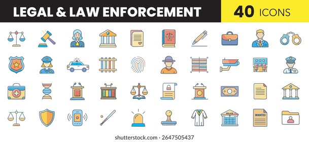 Legal and Law Enforcement Color Icon Set Bold Vector Icons of Justice, Police, Crime, and Court Systems
