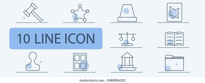 Legal and law enforcement line icons set. Gavel, sheriff star, siren, scales of justice, law book, fingerprint, courthouse, file folder. Justice, law, legal system concept.