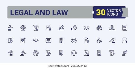 Legal And Law icon collection. Containing right, business, legal, law enforcement, Justice, judge, criminal, defense and more. Web icons. Editable vector outline and solid icons.