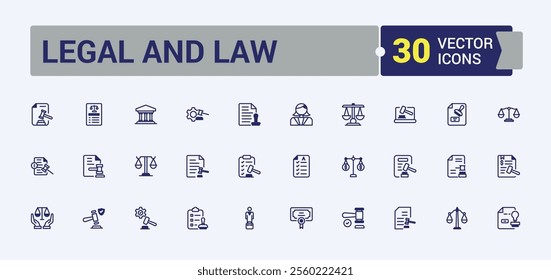 Legal And Law icon collection. Containing right, business, legal, law enforcement, Justice, judge, criminal, defense and more. Web icons. Editable vector outline and solid icons.