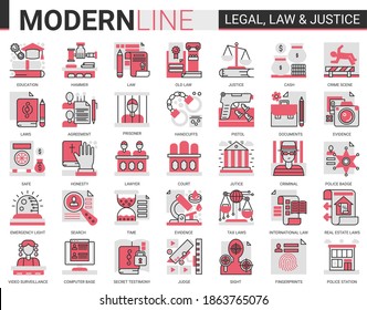 Legal law and justice complex concept flat line icon vector set. Red black infographic design of mobile app website symbols with judicial legislation education, lawyer defense, police investigation