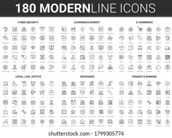 Justicia jurídica, ciberseguridad e ilustración del vector de seguros financieros. Juego de iconos planos de línea delgada para los símbolos del sistema judicial de abogados y jueces, datos digitales o recopilación de seguridad del comercio económico