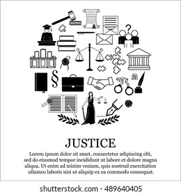 Legal, law and justice icon set. Circle shape banner