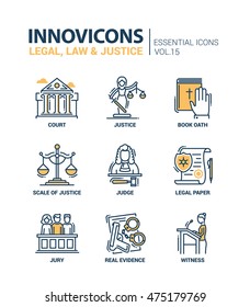 Legal, Law, Justice - Modern Vector Flat Line Design Icons And Pictograms Set. Court, Judge, Legal Document, Book Of Oath, Real Evidence, Jury, Witness