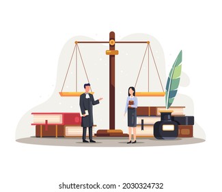 Legal law justice service illustration. Law and justice concept with characters and judicial elements. Vector illustration in a flat style