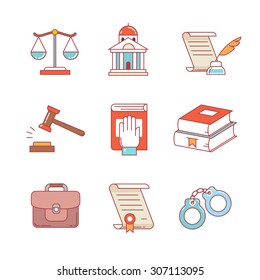 Legal, law, lawyer and court thin line icons set. Modern flat style symbols isolated on white for infographics or web use.