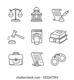 Legal, law, lawyer and court thin line art icons set. Modern black symbols isolated on white for infographics or web use.