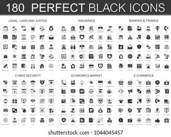 Legal, Laws, Justice, Insurance, Banking Finance, Cyber Security, Economics Market And E-commerce Black Classic Icon Set.