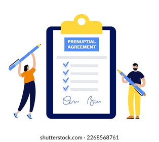 Legal marriage contract. Prenuptial agreement or prenup signed by a man and a woman. Document with rights and responsibilities of a married couple. Civil union registration flat vector illustration.