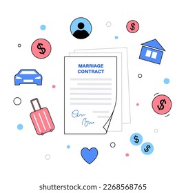 Legal marriage contract. Prenuptial agreement or prenup signed by a man and a woman. Document with rights and responsibilities of a married couple. Civil union registration flat vector illustration.