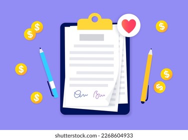 Legal marriage contract. Prenuptial agreement or prenup signed by a man and a woman. Document with rights and responsibilities of a married couple. Civil union registration flat vector illustration.