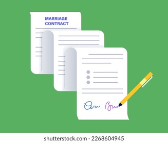 Legal marriage contract. Prenuptial agreement or prenup signed by a man and a woman. Document with rights and responsibilities of a married couple. Civil union registration flat vector illustration.