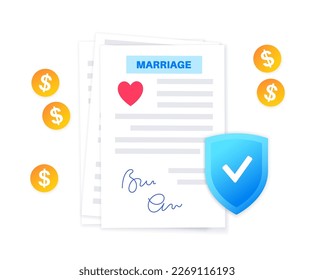 Legal marriage contract. Prenuptial agreement or prenup signed by a man and a woman. Document with rights and responsibilities of a married couple. Civil union registration flat vector illustration.