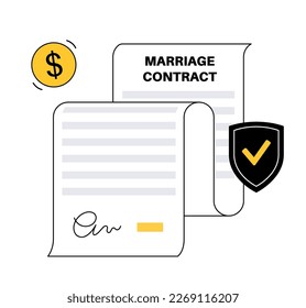 Legal marriage contract. Prenuptial agreement or prenup signed by a man and a woman. Document with rights and responsibilities of a married couple. Civil union registration flat vector illustration.