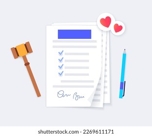 Legal marriage contract. Prenuptial agreement or prenup signed by a man and a woman. Document with rights and responsibilities of a married couple. Civil union registration flat vector illustration.