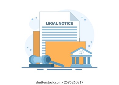 Legal Notice Concept. Legal Notice Document with Judge's Hammer. Corporate documents, agreement review, data protection metaphor. Flat Vector Illustration on Background.