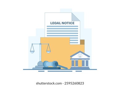 Legal Notice Concept. Legal Notice Document with Judge's Hammer. Corporate documents, agreement review, data protection metaphor. Flat Vector Illustration on Background.