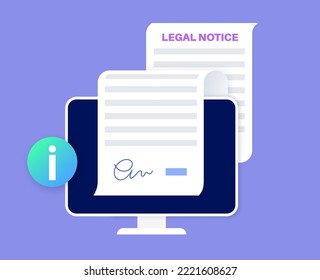 Documento de aviso legal con firma digital. Firmando el procedimiento de documento en línea. Tecnología electrónica en la ley. Protección de la información personal. Aceptar términos y condiciones ilustración vectorial