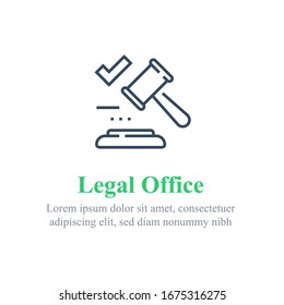 Legal office services, law firm, judge gavel, auction concept, vector line icon