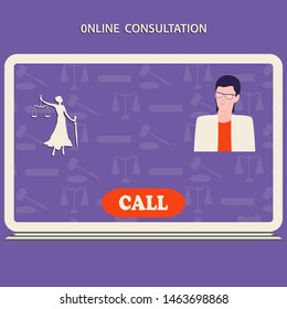 Legal online consultation - computer symbol, man in glasses, Themis, sword, scales of justice - purple background with legal symbols - vector.