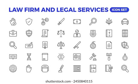 legal outline icon set such as thin line divorce, protection law, diploy, law enforcement, firm, police badge, services icons for report, presentation, diagram.Simple elegant collection , justice set.