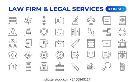 legal outline icon set such as thin line divorce, protection law, diploy, law enforcement, firm, police badge, services icons for report, presentation, diagram.Simple elegant collection , justice set.