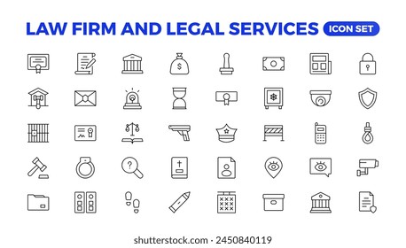 legal outline icon set such as thin line divorce, protection law, diploy, law enforcement, firm, police badge, services icons for report, presentation, diagram.Simple elegant collection , justice set.