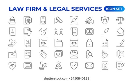 legal outline icon set such as thin line divorce, protection law, diploy, law enforcement, firm, police badge, services icons for report, presentation, diagram.Simple elegant collection , justice set.