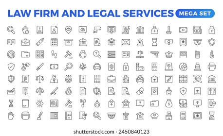 legal outline icon set such as thin line divorce, protection law, diploy, law enforcement, firm, police badge, services icons for report, presentation, diagram.Simple elegant collection , justice set.