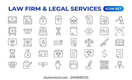 legal outline icon set such as thin line divorce, protection law, diploy, law enforcement, firm, police badge, services icons for report, presentation, diagram.Simple elegant collection , justice set.