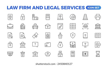 legal outline icon set such as thin line divorce, protection law, diploy, law enforcement, firm, police badge, services icons for report, presentation, diagram.Simple elegant collection , justice set.