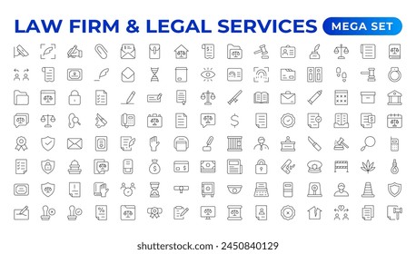 legal outline icon set such as thin line divorce, protection law, diploy, law enforcement, firm, police badge, services icons for report, presentation, diagram.Simple elegant collection , justice set.